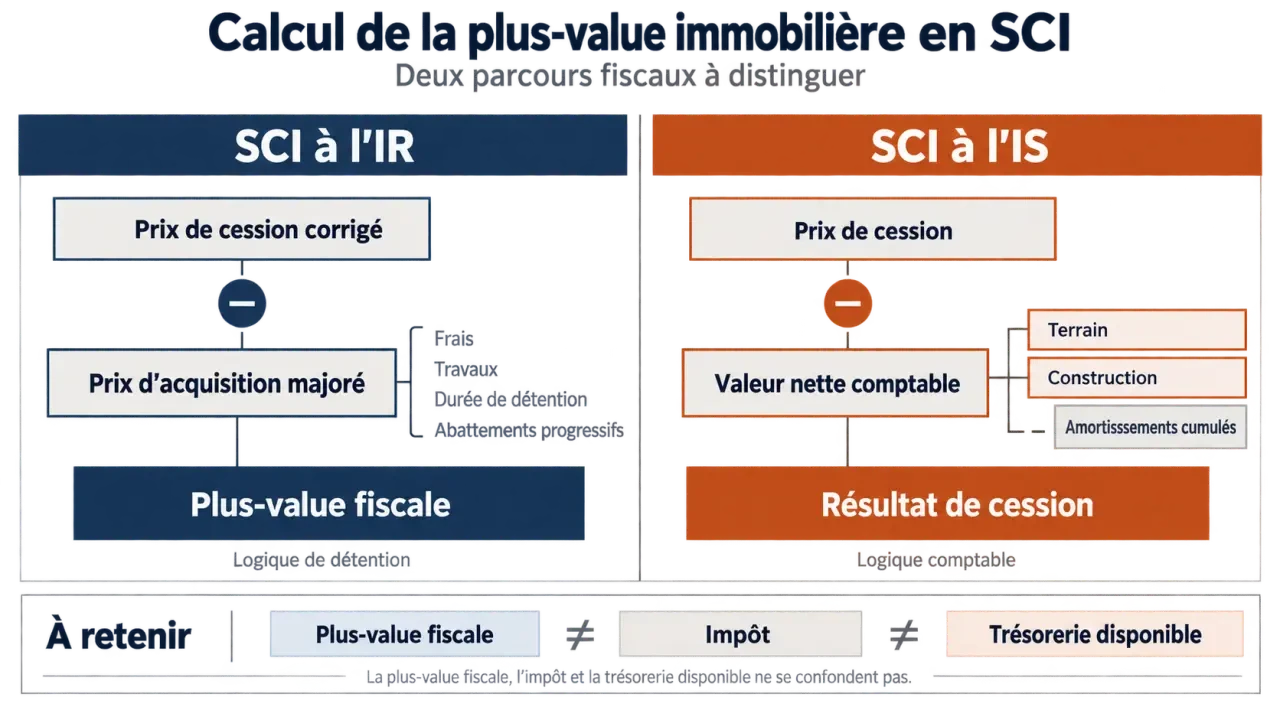 Calcul plus value immobilière SCI : comparaison des régimes IR et IS avec abattements et amortissements