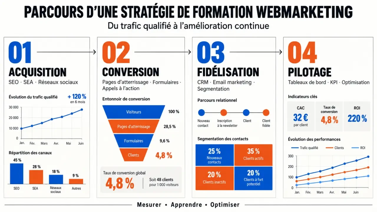 Infographie sur les leviers d’une formation webmarketing : acquisition, conversion, fidélisation et pilotage