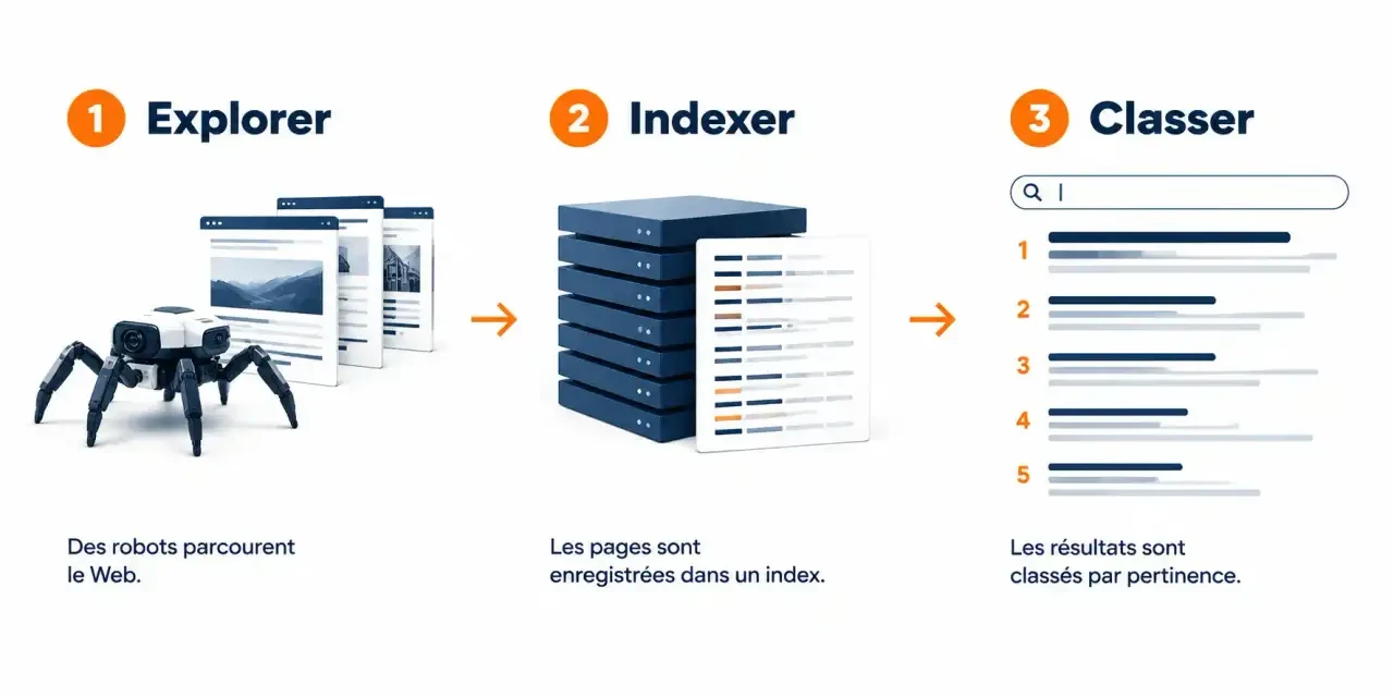 Schéma expliquant qu'est-ce que le référencement : les trois étapes exploration, indexation et classement d'un moteur de recherche