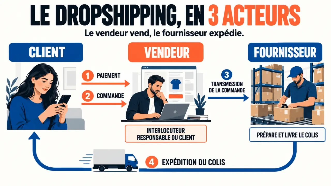 Schéma de fonctionnement du dropshipping définition avec client, vendeur et fournisseur