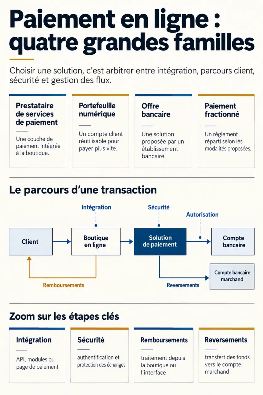 Infographie sur une solution de paiement en ligne e-commerce et le parcours des transactions