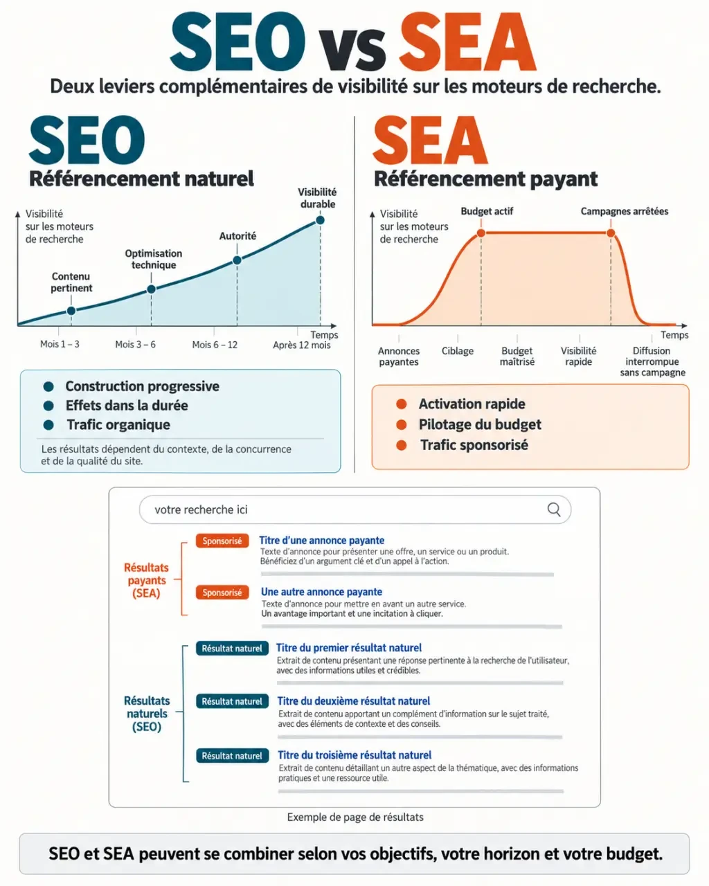 Infographie comparative SEO SEA définition et différences entre référencement naturel et référencement payant