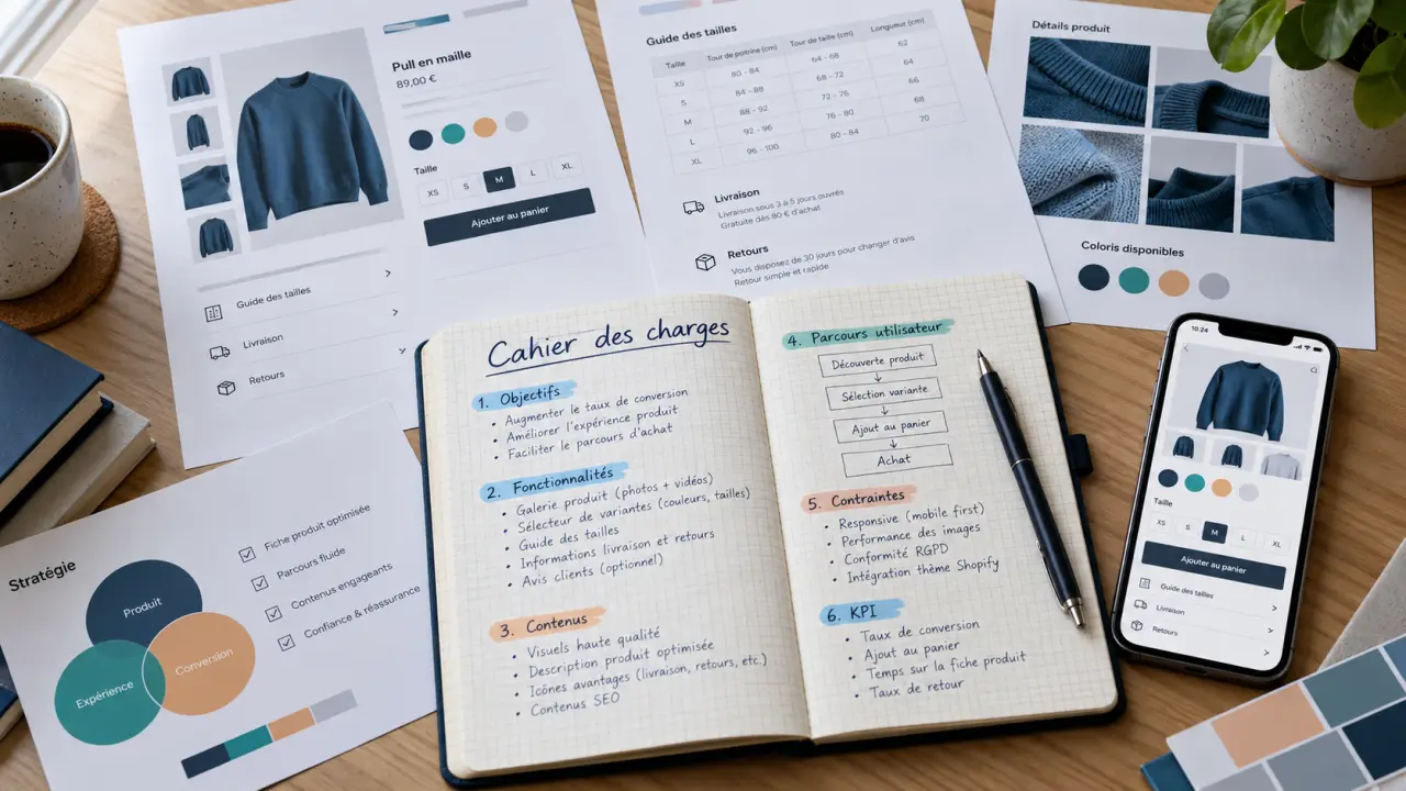 Exemple site shopify : fiche produit sur mobile et cahier des charges sur bureau