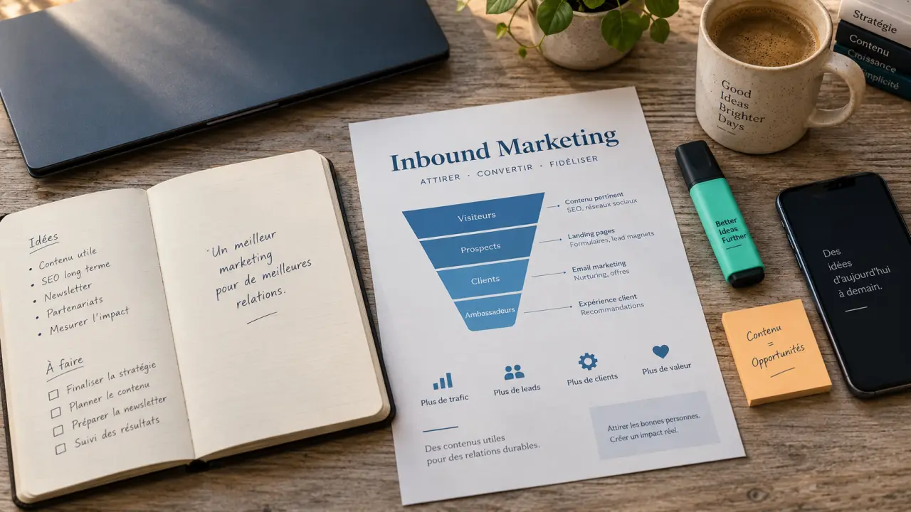 Inbound marketing définition : contenu et funnel sur une table, prospects attirés sans interruption