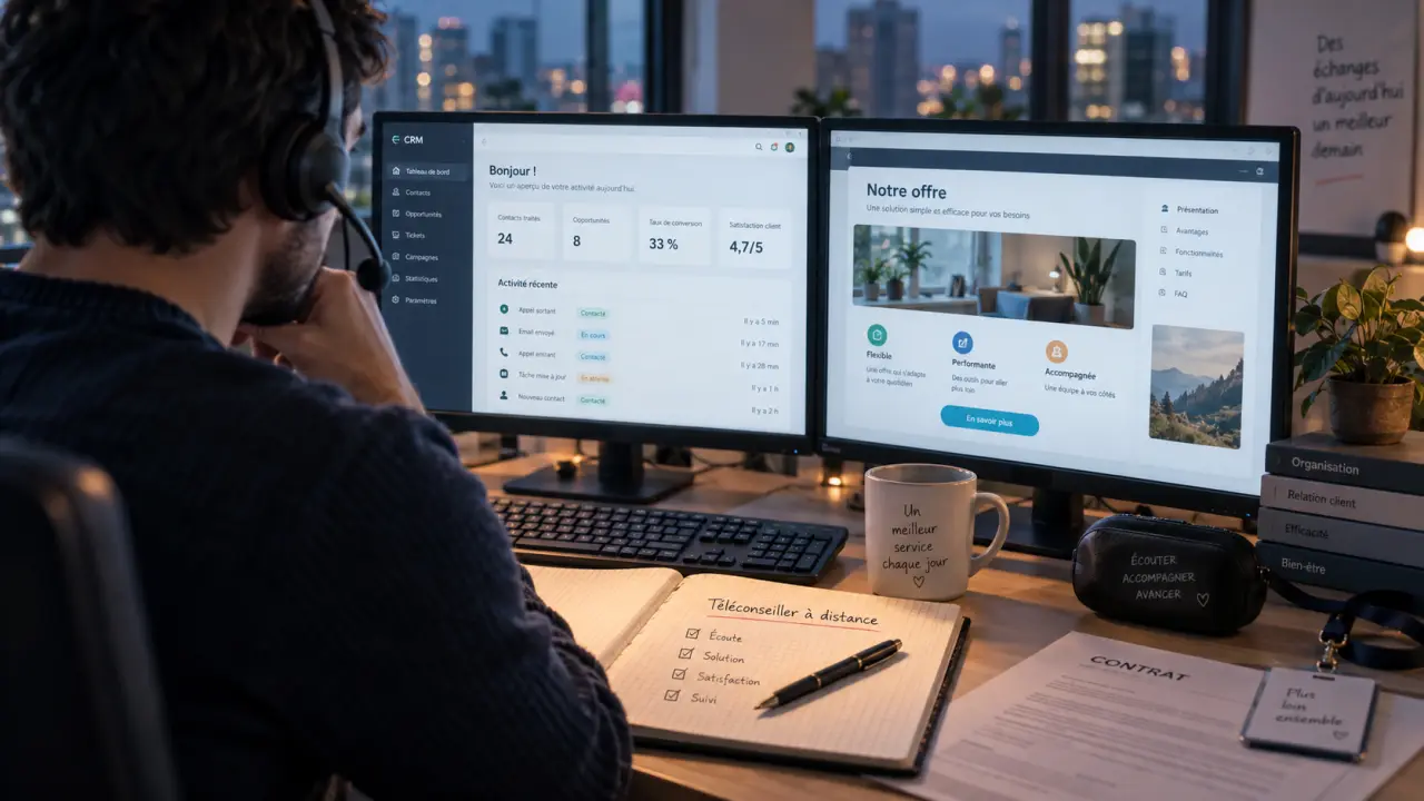 teleconseiller teletravail avec casque micro et écran CRM